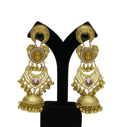 Temple-Inspired Gold Finish Traditional Earrings for Women with Jhumka Drop